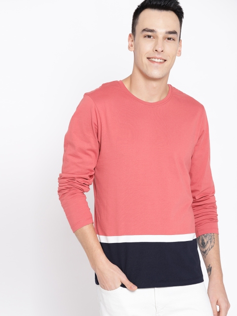 

Mast & Harbour Men Peach-Coloured & Navy Blue Colourblocked Round Neck T-shirt