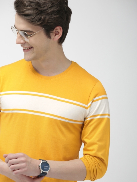 

Mast & Harbour Men Yellow Striped Round Neck T-shirt