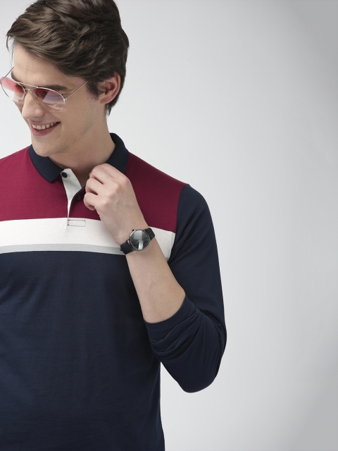 

Mast & Harbour Men Navy Blue & Maroon Colourblocked Polo Collar T-shirt