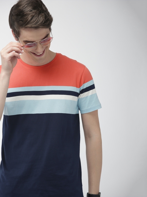

Mast & Harbour Men Navy Blue & Coral Orange Colourblocked Round Neck T-shirt