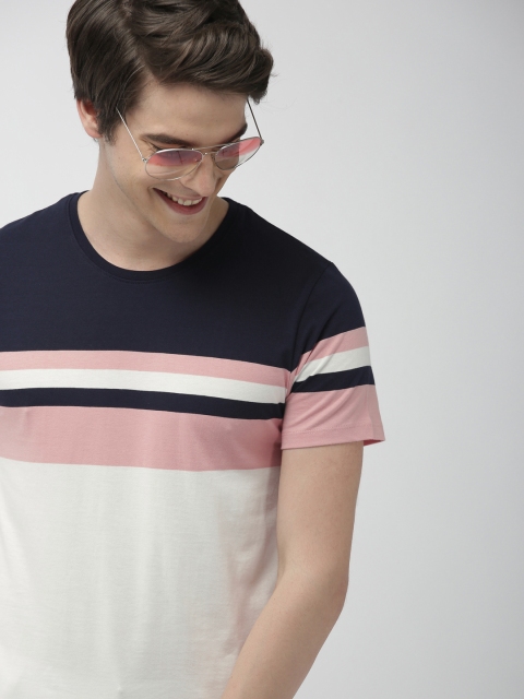 

Mast & Harbour Men Navy Blue & Pink Striped Round Neck T-shirt