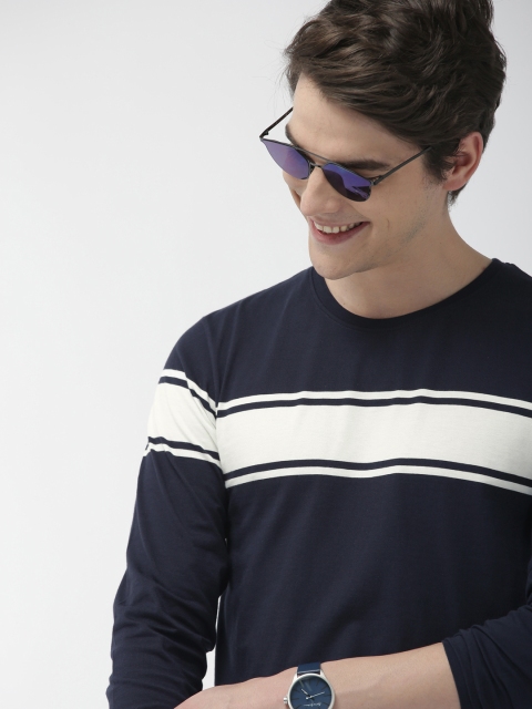 

Mast & Harbour Men Navy Blue & White Striped Round Neck T-shirt