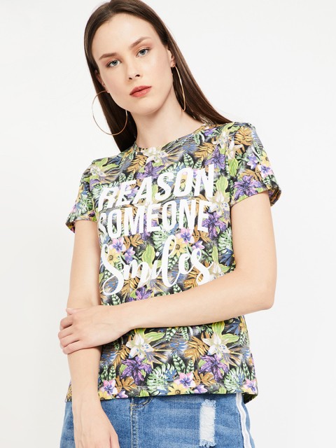 

Ginger by Lifestyle Women Black Printed Round Neck T-shirt