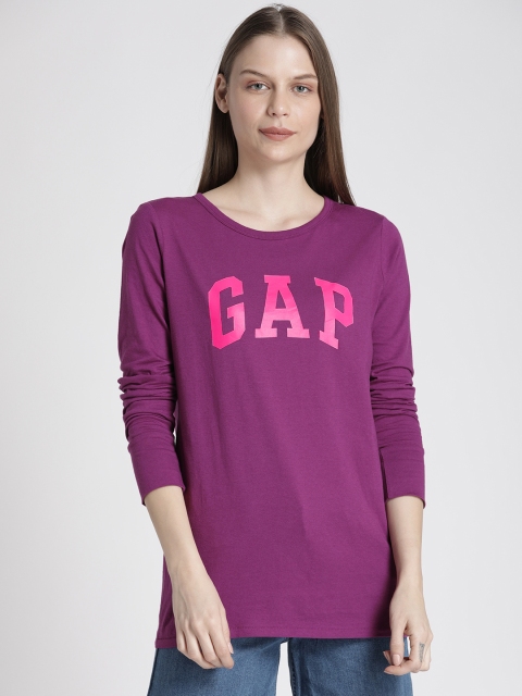 

GAP Women Purple Solid Logo Long Sleeve T-Shirt