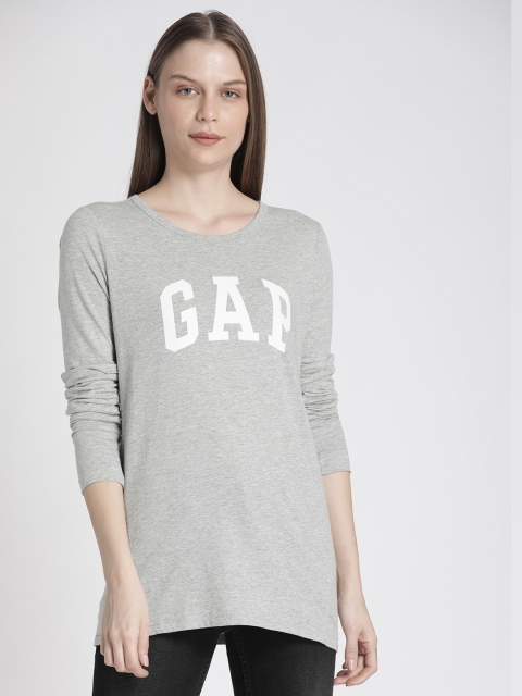 

GAP Women Grey Melange Printed Logo Long Sleeve T-Shirt