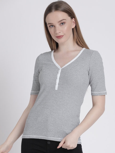

GAP Women White Striped V-Neck T-shirt