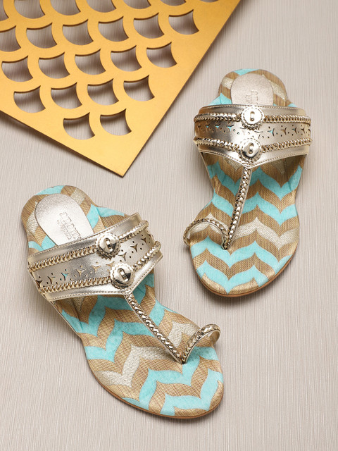 

Anouk Women Gold-Toned & Blue Woven Design One Toe Flats