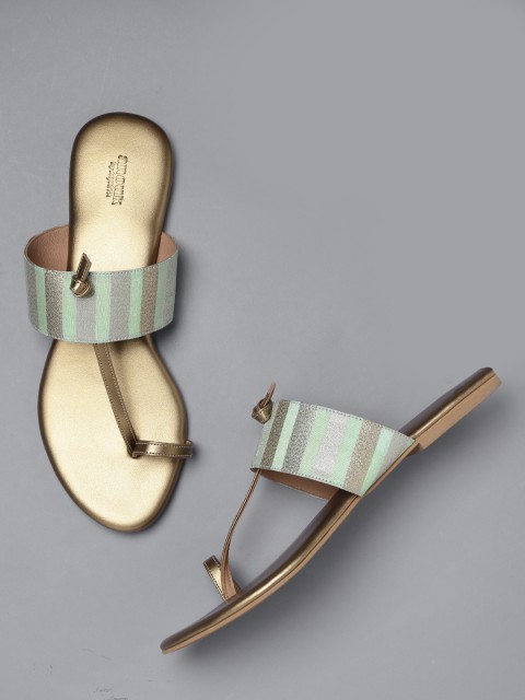 

Anouk Women Mint Green & Gold-Toned Striped One Toe Flats