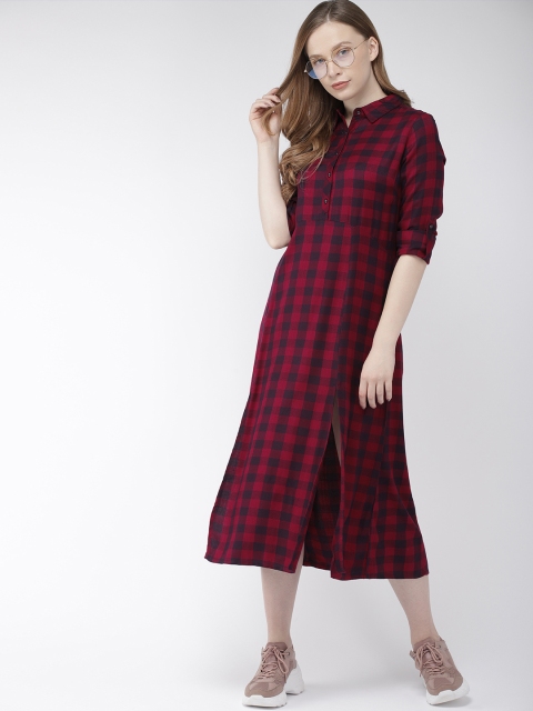 

Harvard Women Maroon & Navy Blue Checked A-Line Dress