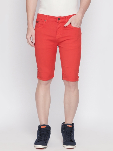 

BOLTS and BARRELS Men Orange Solid Slim Fit Denim Shorts