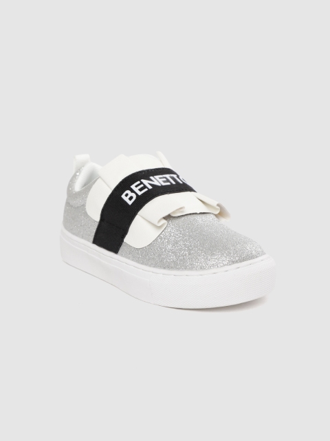 

United Colors of Benetton Girls Silver-Toned & White Embellished Slip-On Sneakers