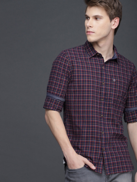 

WROGN Men Rust & Navy Blue Slim Fit Checked Casual Shirt