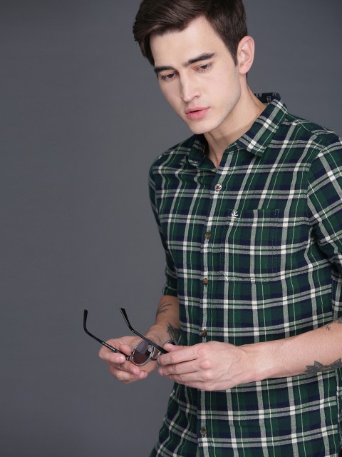 

WROGN Men Green & Off-White Slim Fit Checked Casual Shirt