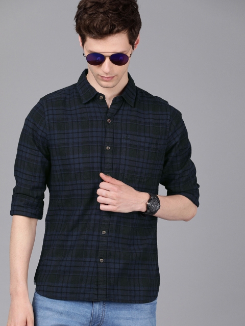 

WROGN Men Olive Green & Navy Blue Slim Fit Checked Casual Shirt