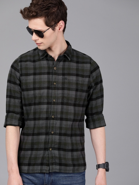 

WROGN Men Charcoal Grey & Olive Green Slim Fit Checked Casual Shirt