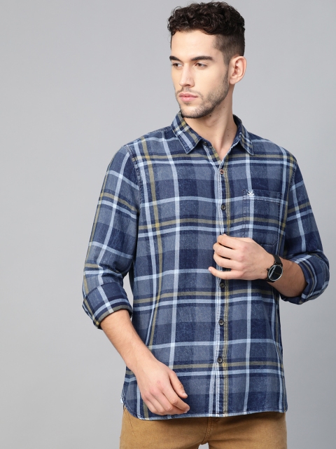 

WROGN Men Navy Blue & Yellow Slim Fit Tartan Check Casual Shirt