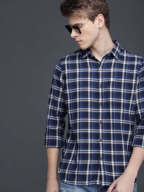 

WROGN Men Blue & Grey Slim Fit Checked Casual Shirt
