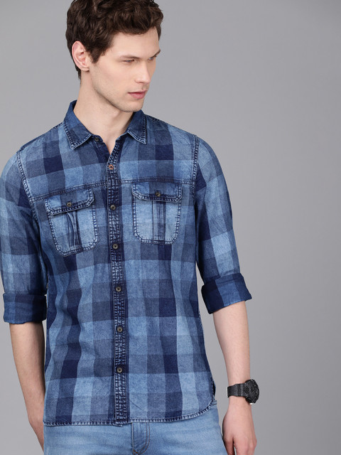

WROGN Men Navy Blue Slim Fit Checked Chambray Casual Shirt