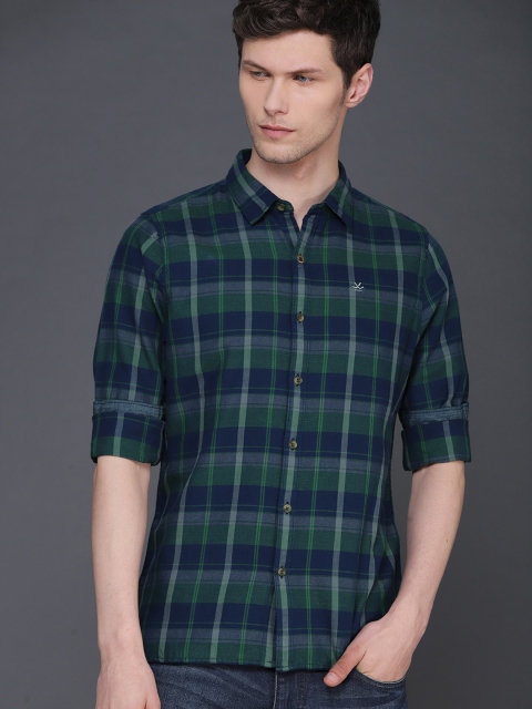 

WROGN Men Navy Blue & Green Slim Fit Checked Casual Shirt