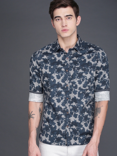 

WROGN Men Navy Blue & Grey Slim Fit Printed Casual Shirt