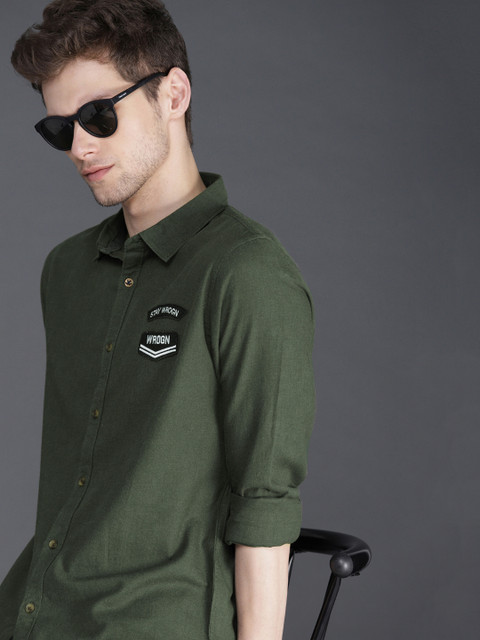 

WROGN Men Olive Green Slim Fit Solid Casual Shirt