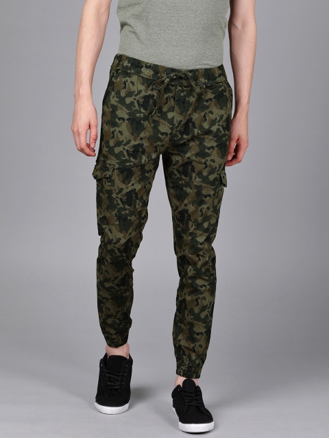 

WROGN Men Olive Green & Black Camouflage Printed Joggers