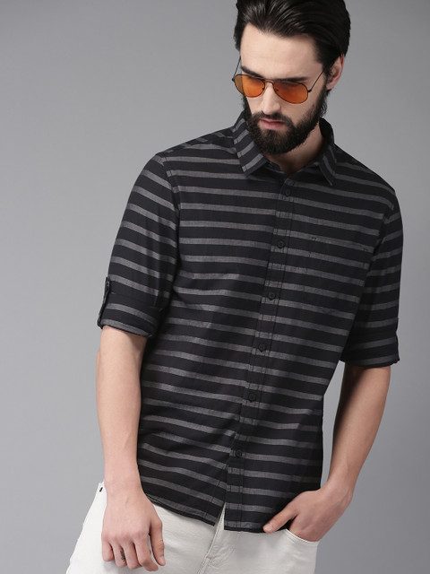 

Moda Rapido Men Grey & Black Slim Fit Striped Casual Shirt