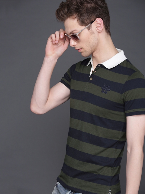 

WROGN Men Olive Green & Navy Blue Slim Fit Striped Polo Collar T-shirt