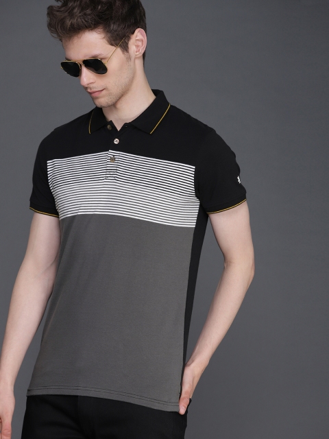 

WROGN Men Black & Charcoal Grey Striped Polo Collar T-shirt