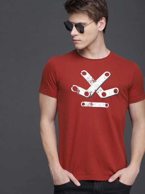 

WROGN Men Rust Brown & White Slim Fit Printed Round Neck T-shirt