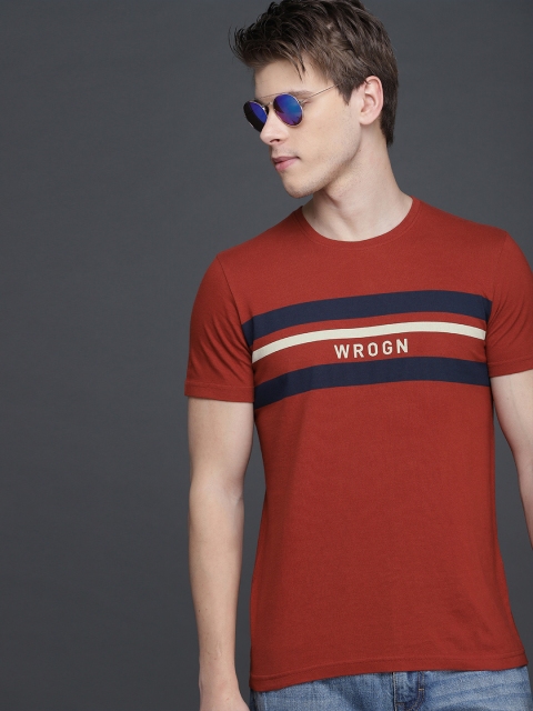 

WROGN Men Rust Orange & navy Blue Slim Fit Striped Round Neck T-shirt