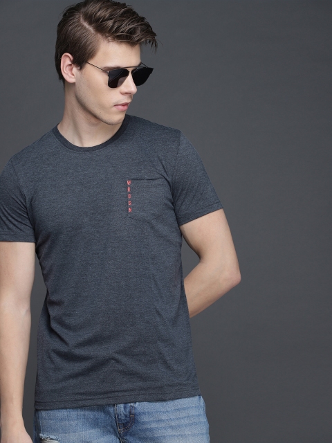 

WROGN Men Navy Blue Slim Fit Solid Round Neck T-shirt