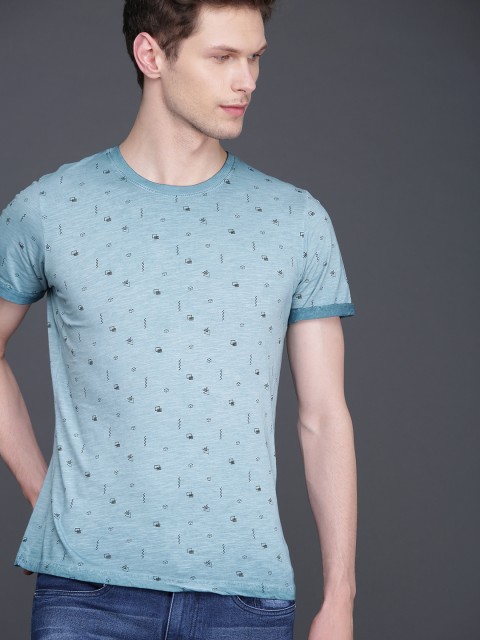 

WROGN Men Blue Printed Slim Fit Round Neck T-shirt