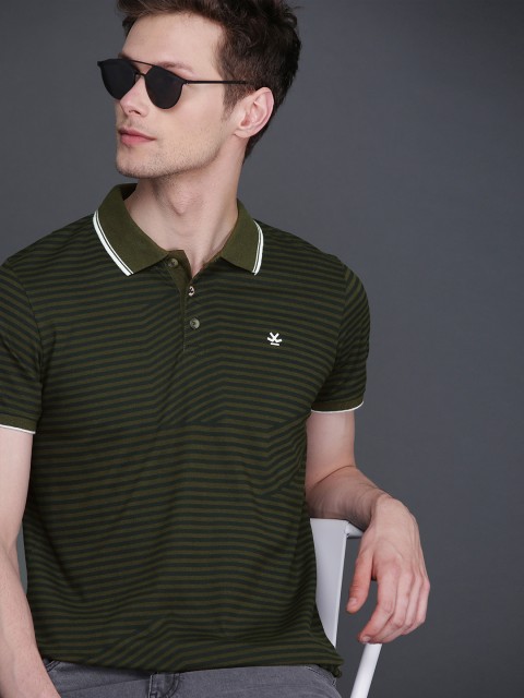 

WROGN Men Olive Green Striped Polo Collar T-shirt