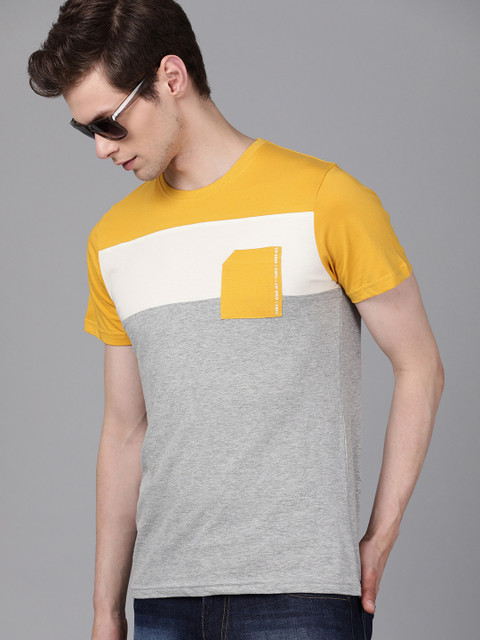 

WROGN Men Grey Melange & Mustard Yellow Colourblocked Slim Fit Round Neck T-shirt