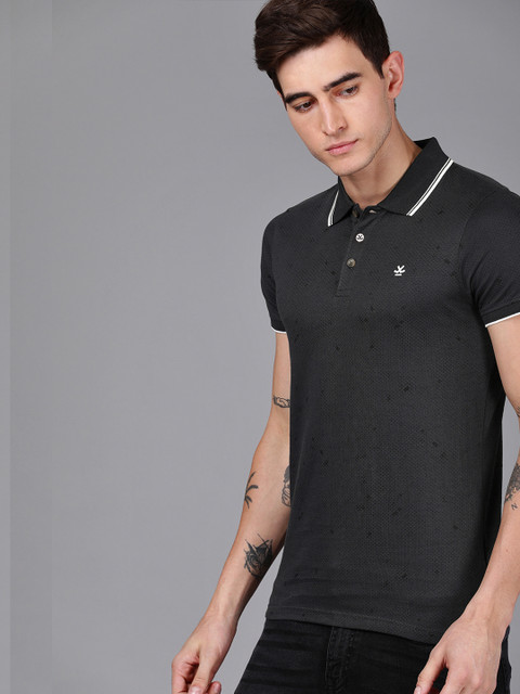 

WROGN Men Charcoal GreyPrinted Slim Fit Polo Collar T-shirt