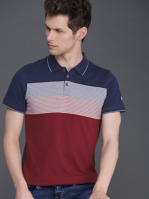 

WROGN Men Maroon & Navy Blue Striped Slim Fit Polo Collar T-shirt