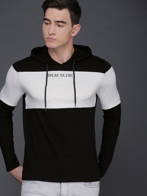 Men Black White Colourblocked Slim Fit Hooded Pure Cotton T-shirt