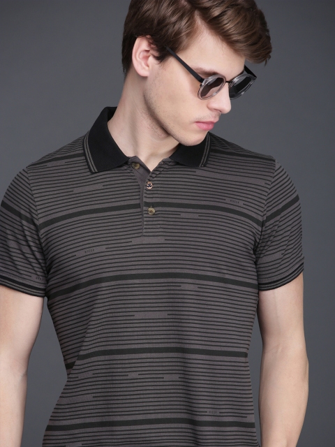 

WROGN Men Charcoal Grey Striped Slim Fit Polo Collar T-shirt