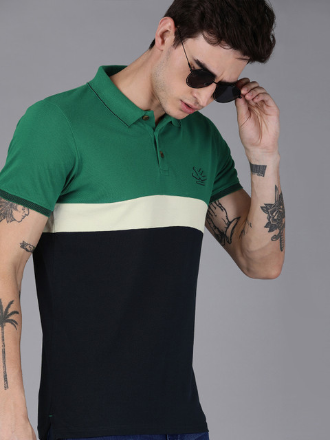 

WROGN Men Green Colourblocked Slim Fit Polo Collar T-shirt