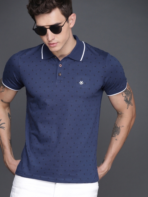 Men Navy Blue Printed Polo Collar Pure Cotton T-shirt