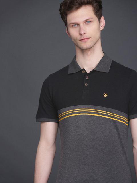 

WROGN Men Black & Charcoal Grey Slim Fit Colourblocked Polo T-shirt