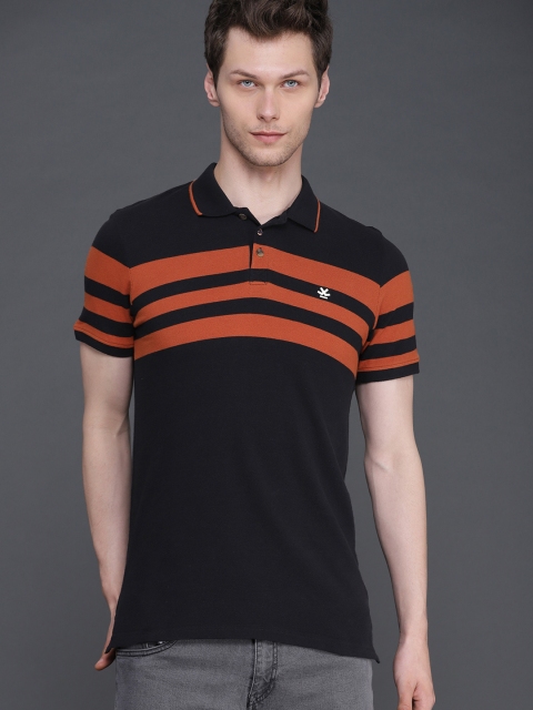

WROGN Men Black & Rust Orange Striped Slim Fit Polo Collar T-shirt