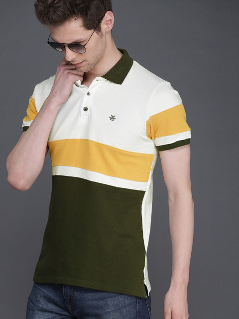 

WROGN Men White & Olive Green Colourblocked Polo Collar T-shirt