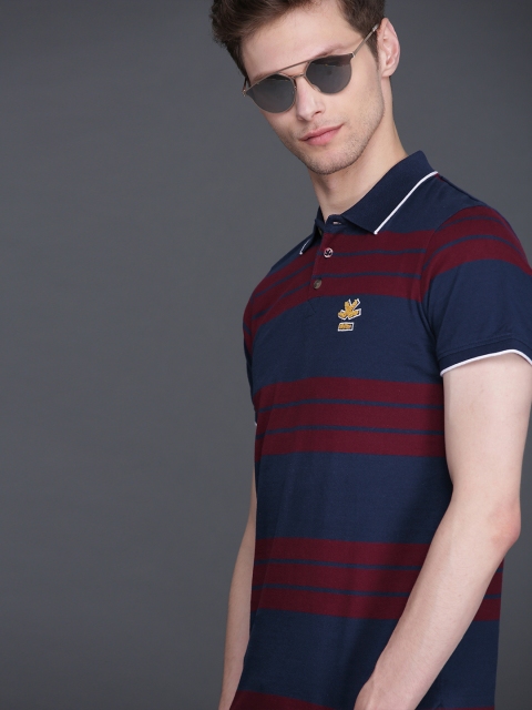 

WROGN Men Navy Blue & Maroon Striped Slim Fit Polo Collar T-shirt