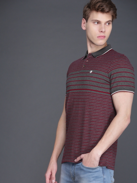 

WROGN Men Grey & Maroon Striped Polo Collar T-shirt