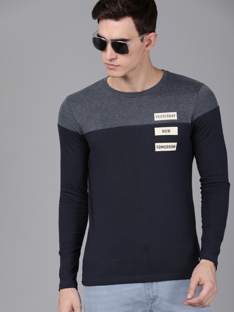 

WROGN Men Navy Blue Printed Slim Fit Round Neck T-shirt
