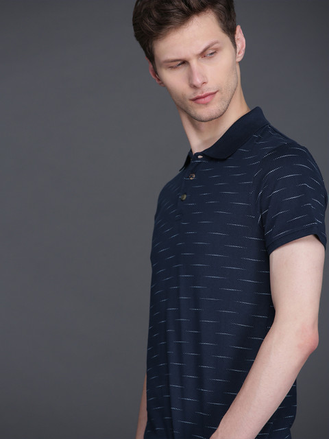 

WROGN Men Navy Blue & White Striped Slim Fit Polo Collar T-shirt