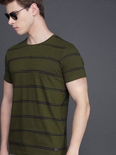 

WROGN Men Olive Green & Black Striped Slim Fit Round Neck T-shirt