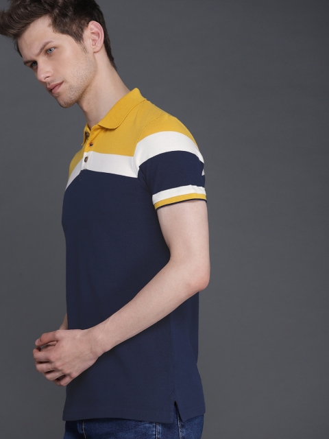 

WROGN Men Navy Blue & Yellow Colourblocked Slim Fit Polo Collar T-shirt
